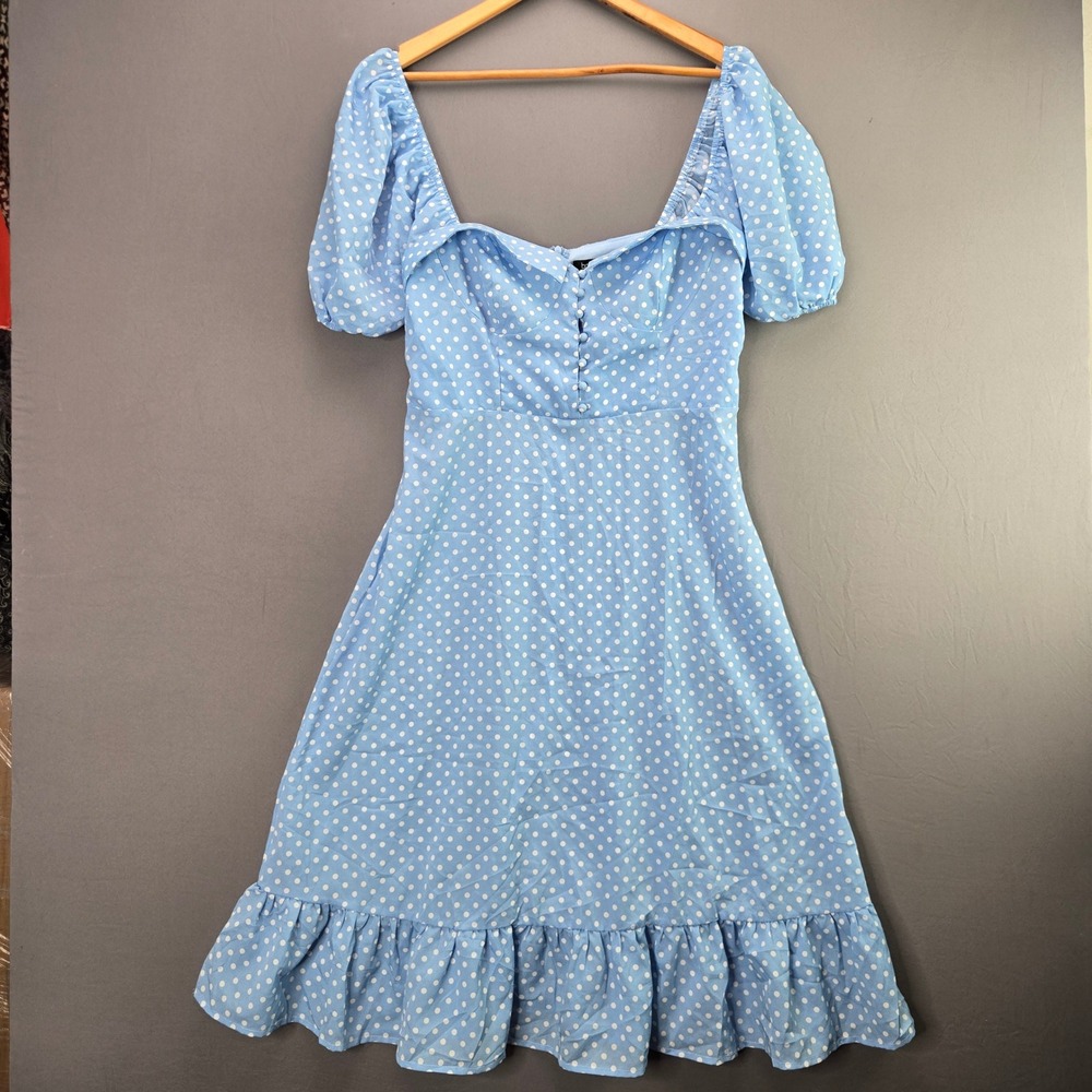 Boohoo Polka Dot Mini Dress Puff Sleeve Ruffle Hem Size 10 Blue White Vintage